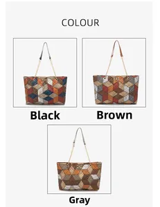 Three-color geometric patchwork tote bags with 3D diamond texture and chain straps