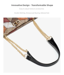 Detail of multi-color patchwork faux leather handbag with gold turn-lock and chain strap