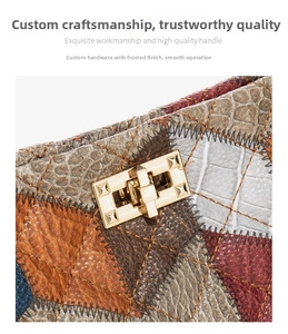 Detailed macro of golden twist-lock closure on quilted multicolored patchwork handbag