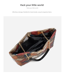 Macro view of multi-color quilted tote bag showing large capacity and zipper pocket