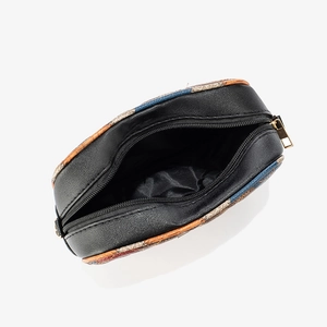 Minimalist half-round crossbody bag in black leather with multicolor printed trim detailing