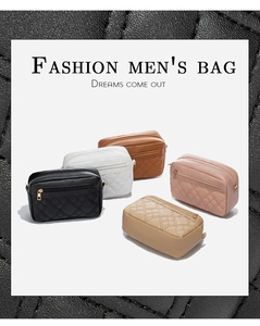 Close-up of quilted leather bags in five colors with stylish front zipper detailing