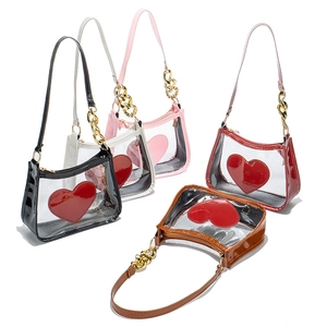 Transparent PVC Shoulder Bag With Heart Patch Small Clear Crossbody Handbag For Women Simple Fashion Trendy Underarm Purse
