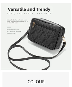 Detail of quilted black PU leather bag showing golden zippers and adjustable strap