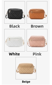 Detail view of five crossbody bags featuring quilted patterns in black, brown, and pastel colors