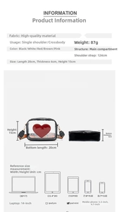 Guide des tailles détaillé pour le sac bandoulière en PVC transparent à motif de cœur
