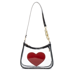 Trendy transparent PVC crossbody bag featuring a red heart pocket and gold chain strap