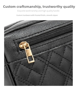 Detail of quilted leather texture and matte gold zipper on a black crossbody bag