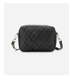 Close-up of black quilted crossbody bag showing rhombic stitching and gold hardware detail