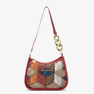 Multi-colored patchwork shoulder bag with Serendipity logo and gold chain strap