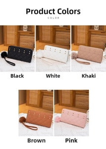 Quilted faux leather long wallets for women with metal studs and pom-pom keychains