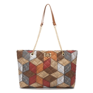 Patchwork bucket bag with crocodile texture and golden swivel lock for women