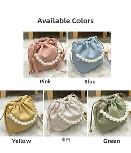 Litchi texture mini bucket bags in five colors with pearl handles and drawstring closure