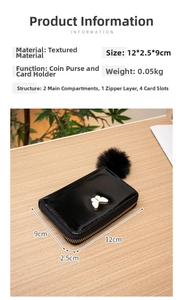 Détails de taille pour portefeuille papillon noir à pompon, dimensions 12x2,5x9cm