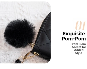 Close-up of black quilted leather wallet featuring a decorative fluffy faux fur pompom