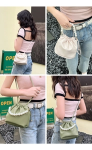 Detailed views of the drawstring bucket bag with pearl handles in white and green colors