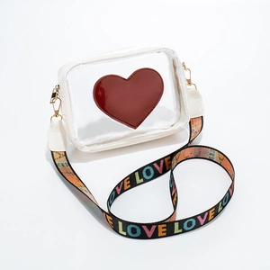 Sac bandoulière transparent en PVC avec cœur rouge et sangle colorée lettrée LOVE
