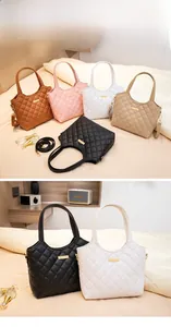 Quilted tote bags with golden accents shown in brown, pink, white, beige, and black