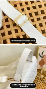 Detailansicht der weißen Stepptasche mit verstellbaren Goldbeschlägen und weichem Griff