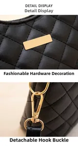 Detail of black quilted leather tote with gold hardware plate and detachable hooks