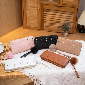 Women Fashion Quilted Long Zipper Wallet PU Leather Studded Handbag Card Holder Clutch Purse With Pom-Pom Pendant Wristlet Strap
