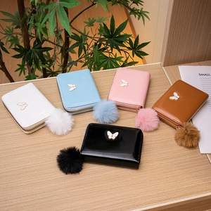 Butterfly Decor Pom Pom Pendant Women Short Wallet PU Leather Zipper Coin Purse Card Holder Fashionable Small Bag