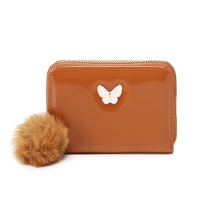 Brown patent leather mini wallet with white butterfly detail and fuzzy pom-pom charm