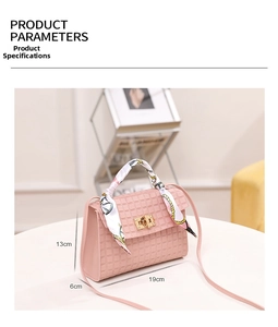 Pink checkered crossbody bag detail with silk scarf handle and 19x13x6cm dimensions