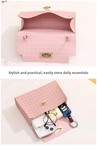 Pink checkered mini handbag interior view showing storage capacity for phone and essentials