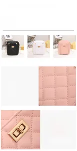 Detail of mini quilted crossbody bag with golden twist lock and elegant chain strap