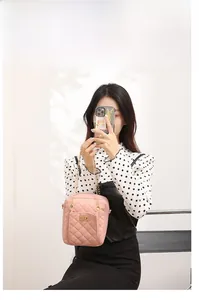 Close-up of pink quilted crossbody bag with gold chain strap and metal turn-lock