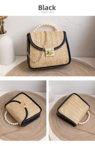 Detailed view of woven straw mini bag with pearl handle and golden chain strap