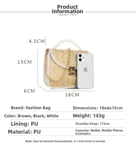 Brown woven straw crossbody bag with pearl handle and golden chain strap details