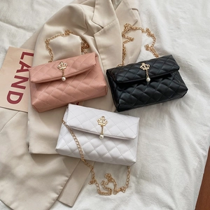 Sac à Épaule Matelassé Losange Pour Femmes Avec Couronne Dorée Künstliche Perle Chaîne Sac Bandoulière Carré en Cuir PU