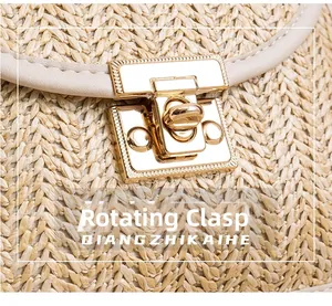 Detailed close-up of woven bag texture and golden twist-lock closure mechanism