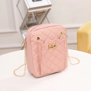 Pink quilted mini crossbody phone bag with gold metal chain and turn-lock closure
