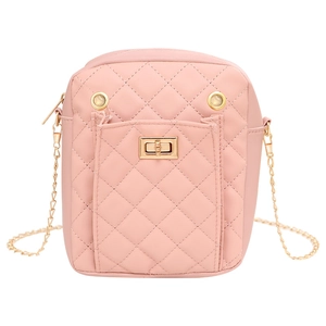 Pink quilted mini crossbody bag with gold chain strap and elegant twist lock closure