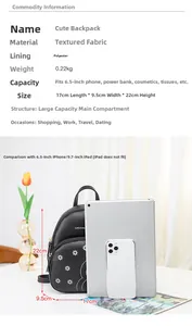 Détails de taille du petit sac à dos noir brodé de marguerites avec comparatif téléphone