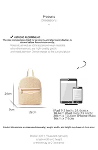Size chart showing woven backpack dimensions 24x22x9cm with iPad size comparison