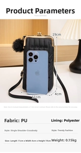 Detailed view of quilted black phone bag with gold metal clasp and dimensions 11x4x19cm