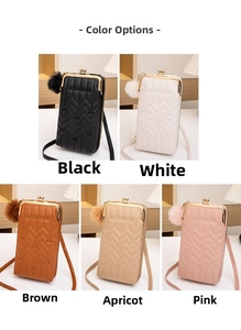 Quilted crossbody phone bags in five colors with metal clasp and pom-pom charms