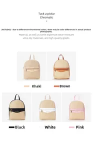 Detailed grid view of woven straw backpacks in khaki brown black white and pink colors