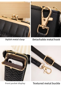 Close-up of golden hardware, quilted texture and phone pocket on black crossbody bag