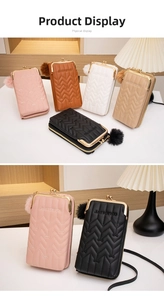 Detailed view of quilted PU leather mini crossbody bags with vintage metal clasp and pom-pom