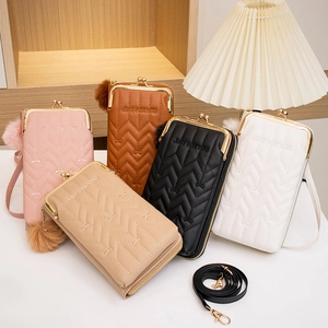 Quilted crossbody phone bag with V-shaped stitching and tassel decor in five colors