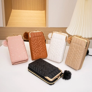 Women Quilted Mobile Phone Bag PU Leather Crossbody Purse With Pom Pom Charm Retro Metal Clip Closure Elegant Daily Handbag