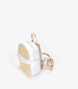 Detailed side view of mini woven backpack with white leather trim and metal zipper