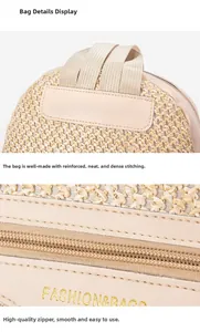 Close-up of reinforced stitching and metal zipper on woven straw travel backpack