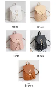 Quilted mini backpack collection showing white, khaki, pink, black, and brown color options