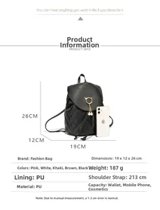 Detailed size infographic of black quilted mini backpack with pearl charms and cat ear ring